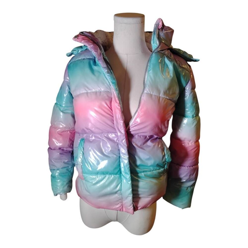 Girls Justice Pastel Rainbow Metallic Parka Jacket Size Small 7/8‎